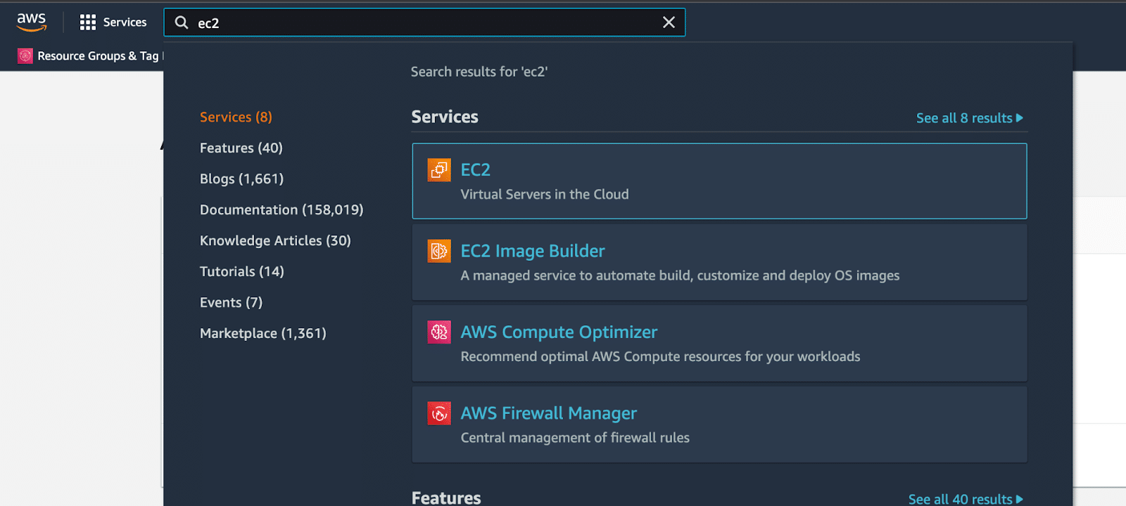 EC2 service in the Management Console.