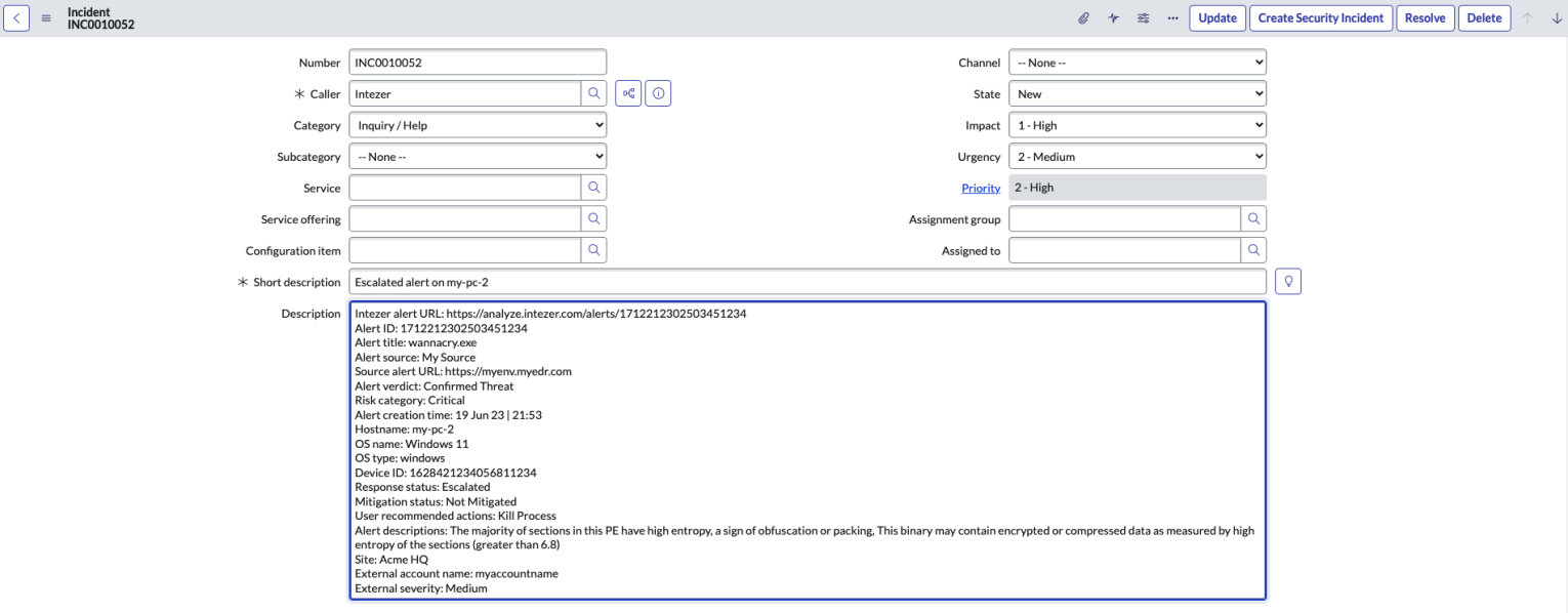 Example incident created by the Intezer's integration with ServiceNow Security Operations